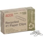 Acco® Recycled Paper Clips, No. 1 Size, 100/Box, 10 Boxes/Pack No. 1 - 1.3" Length - 10 Sheet Capacity - Durable, Reusable - Silver - Metal - 100 / Box (72365)