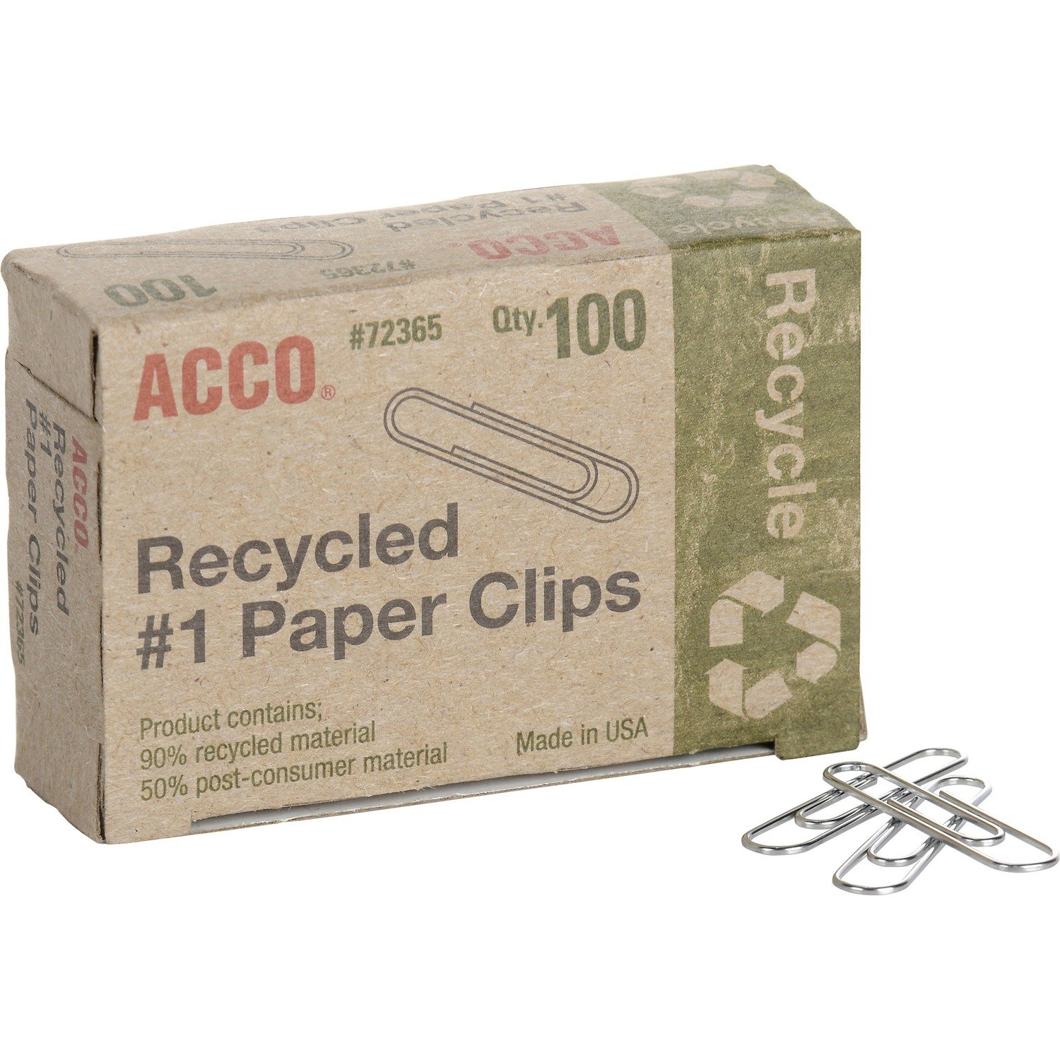 1012623748.jpg Acco® Recycled Paper Clips, No. 1 Size, 100/Box, 10 Boxes/Pack No. 1 - 1.3" Length - 10 Sheet Capacity - Durable, Reusable - Silver - Metal - 100 / Box (72365) - Image 1