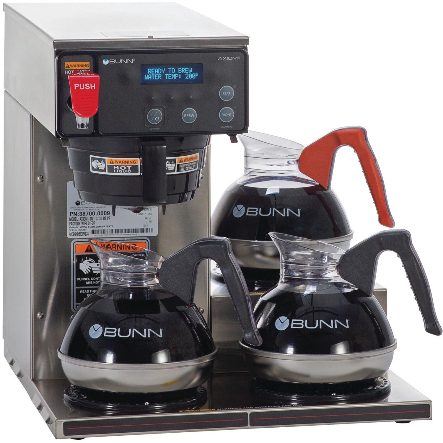 1012679690.jpg BUNN 12-cup Digital 3-Warmer Commercial Brewer Programmable - 1800 W - 1.56 gal - 12 Cup(s) - Multi-serve - Stainless Steel, Black - Steel Body (387000002) - Image 1