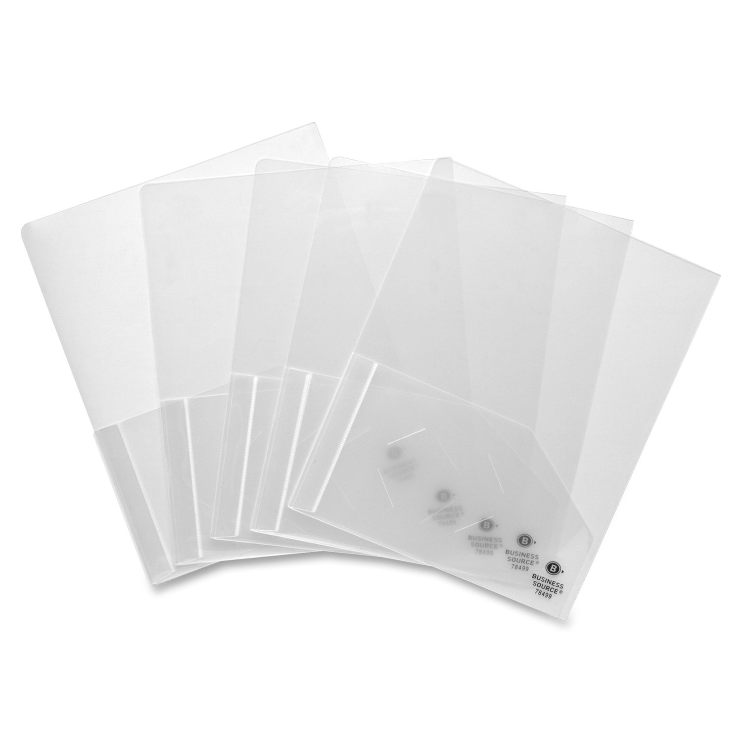 1021069752.jpg Business Source 78498 Letter Pocket Folder 8 1/2" x 11" - 60 Sheets Capacity - 2 Pocket(s) - Poly - Clear - 5 / Pack (BSN78499) - Image 1