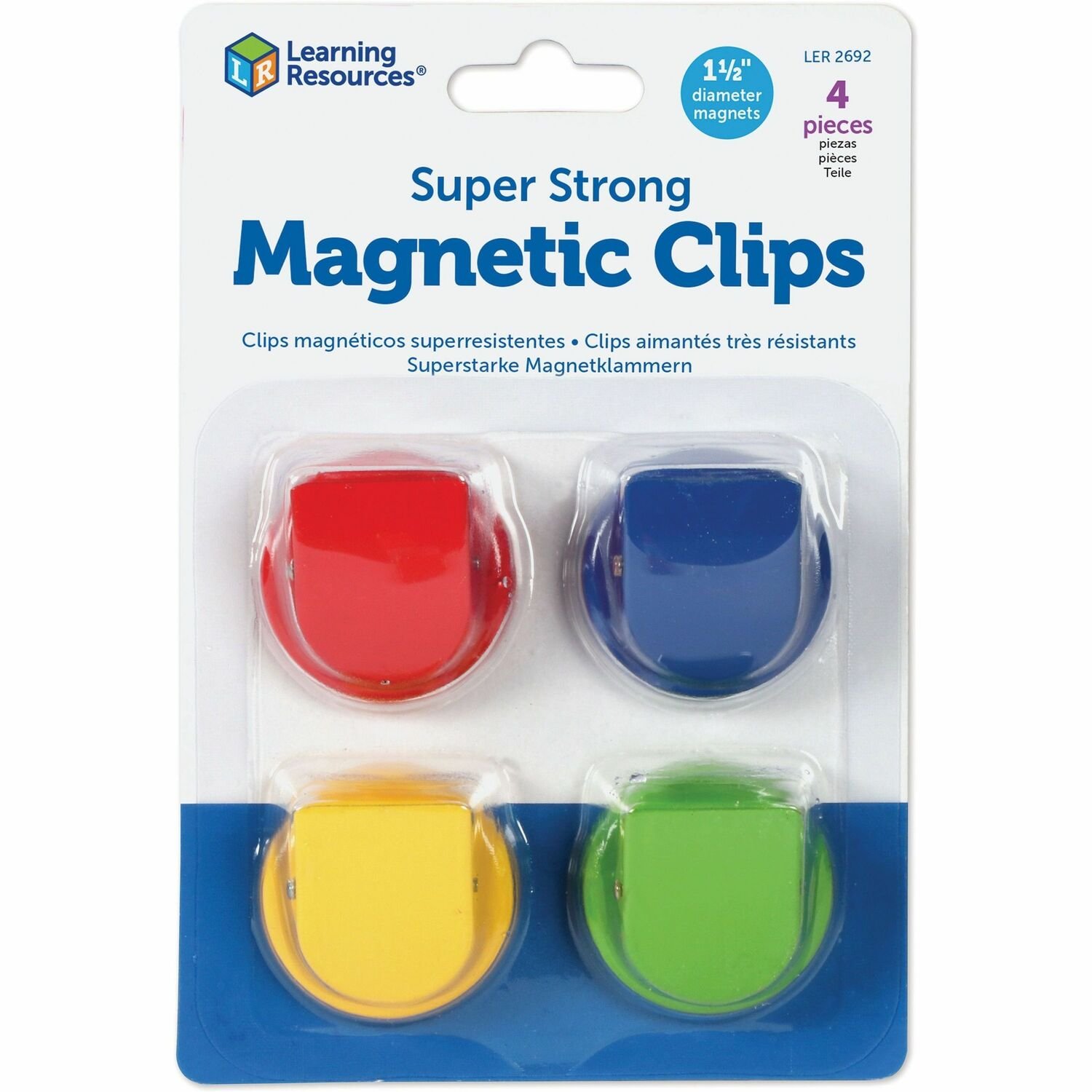 1023006097.jpg Learning Resources Super Strong Magnetic Clips Set 1.5" Diameter - 50 Sheet Capacity - for Whiteboard, Folder - Assorted - 4 / Pack (LER2692) - Image 1