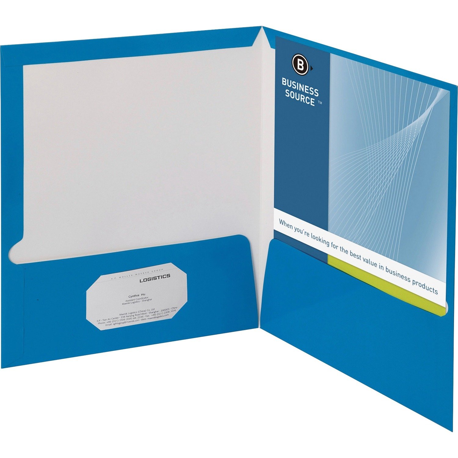 1023556122.jpg Business Source Letter Pocket Folder 8 1/2" x 11" - 100 Sheets Capacity - 2 Internal Pocket(s) - Blue - Laminated, Durable, Die-cut - 25 / Box (BSN44423) - Image 1