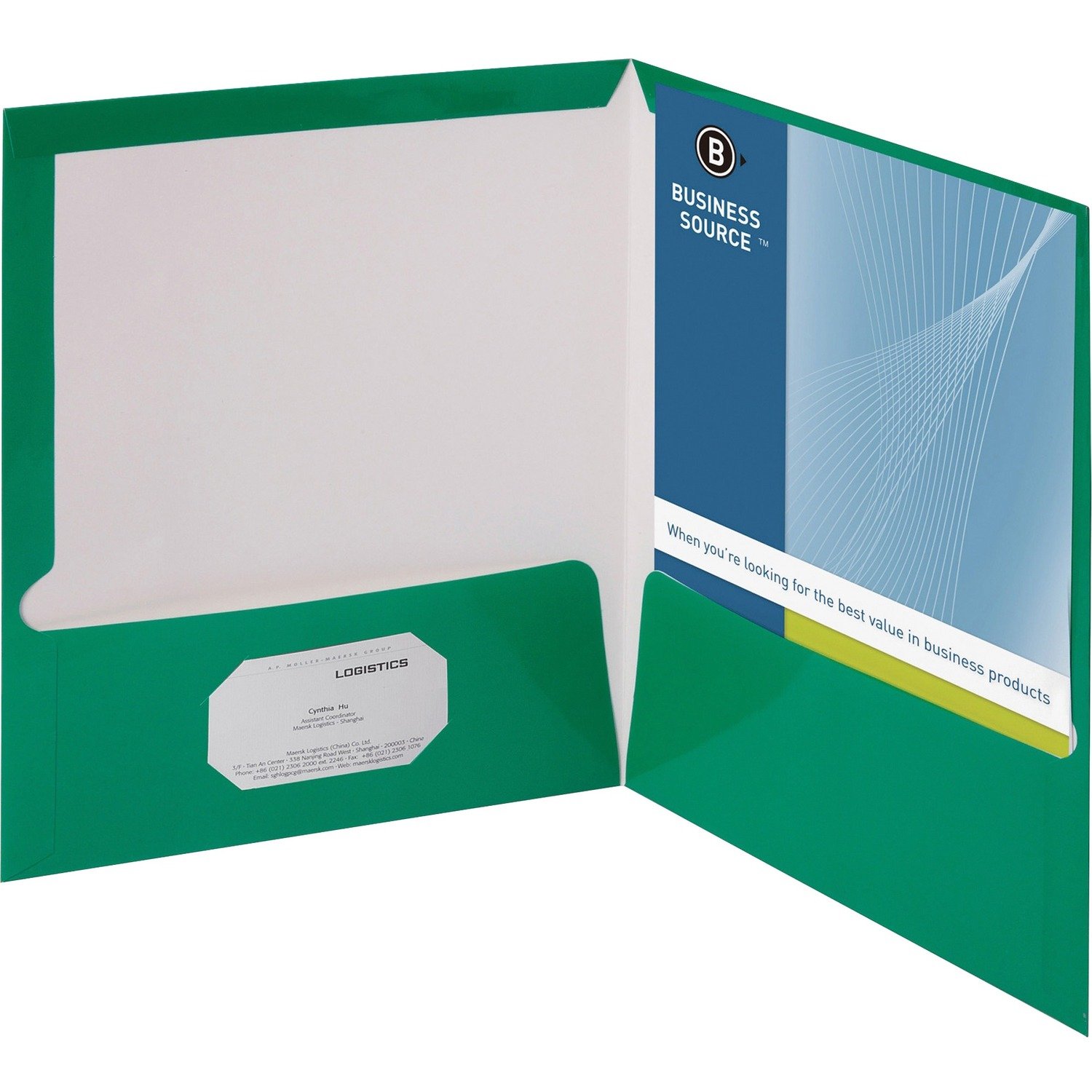 1023556124.jpg Business Source Letter Pocket Folder 8 1/2" x 11" - 100 Sheets Capacity - 2 Internal Pocket(s) - Card Paper - Green - Durable, Laminated, Die-cut - 25 / Box (BSN44427) - Image 1