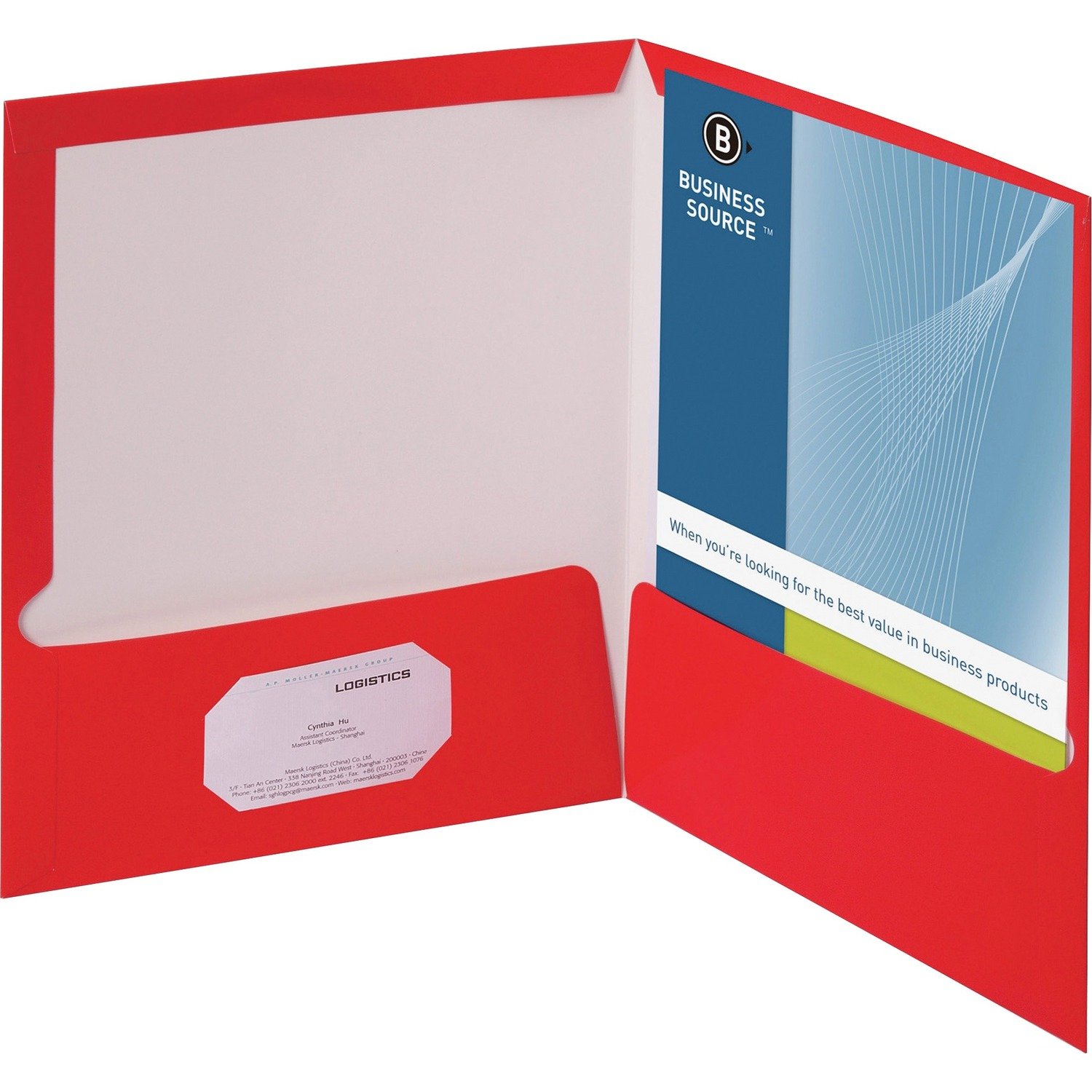 1023556127.jpg Business Source Letter Pocket Folder 8 1/2" x 11" - 100 Sheets Capacity - 2 Internal Pocket(s) - Card Paper - Red - Durable, Laminated, Die-cut - 25 / Box (BSN44426) - Image 1
