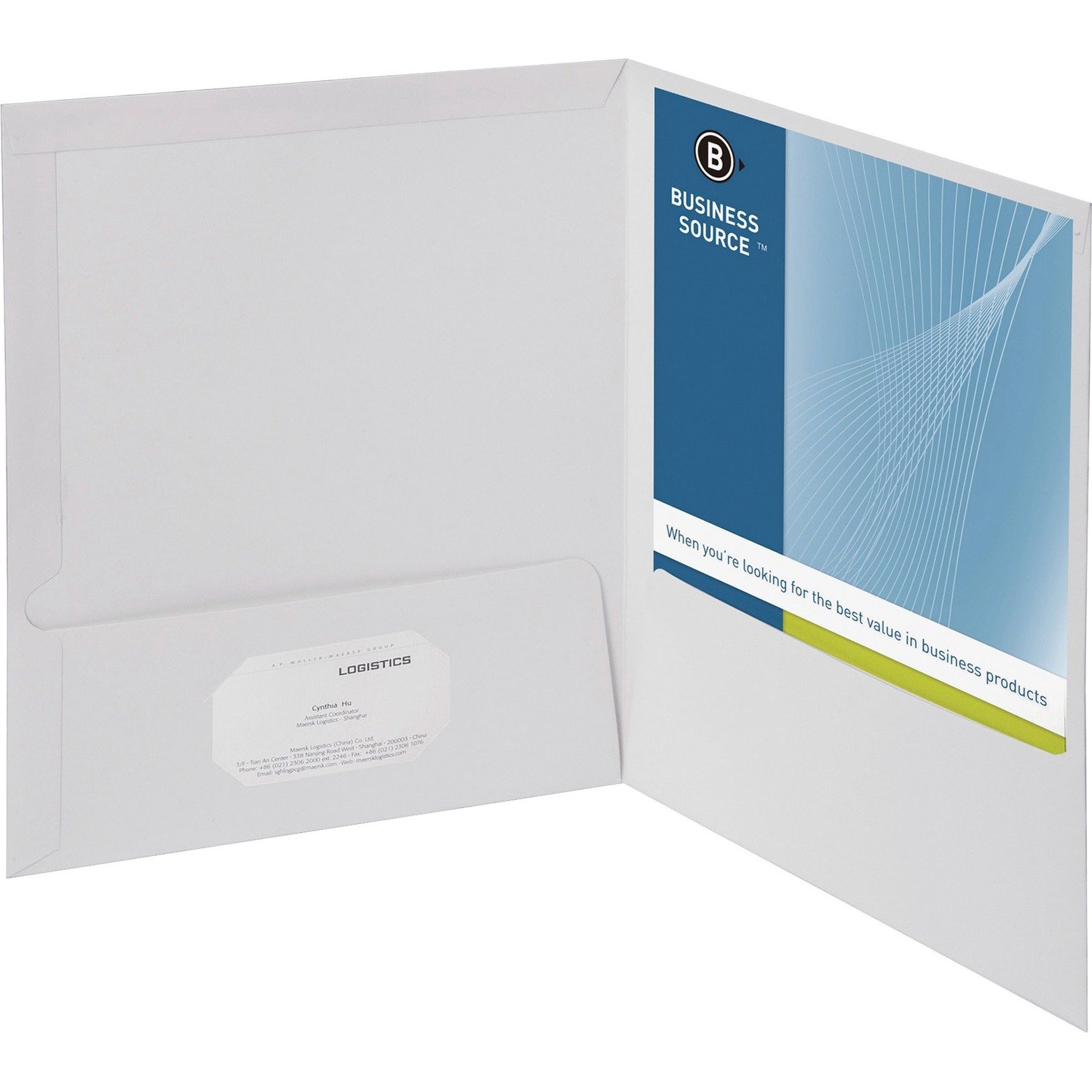 1023556128.jpg Business Source Letter Pocket Folder 8 1/2" x 11" - 100 Sheets Capacity - 2 Internal Pocket(s) - White - Laminated, Durable, Die-cut - 25 / Box (BSN44424) - Image 1