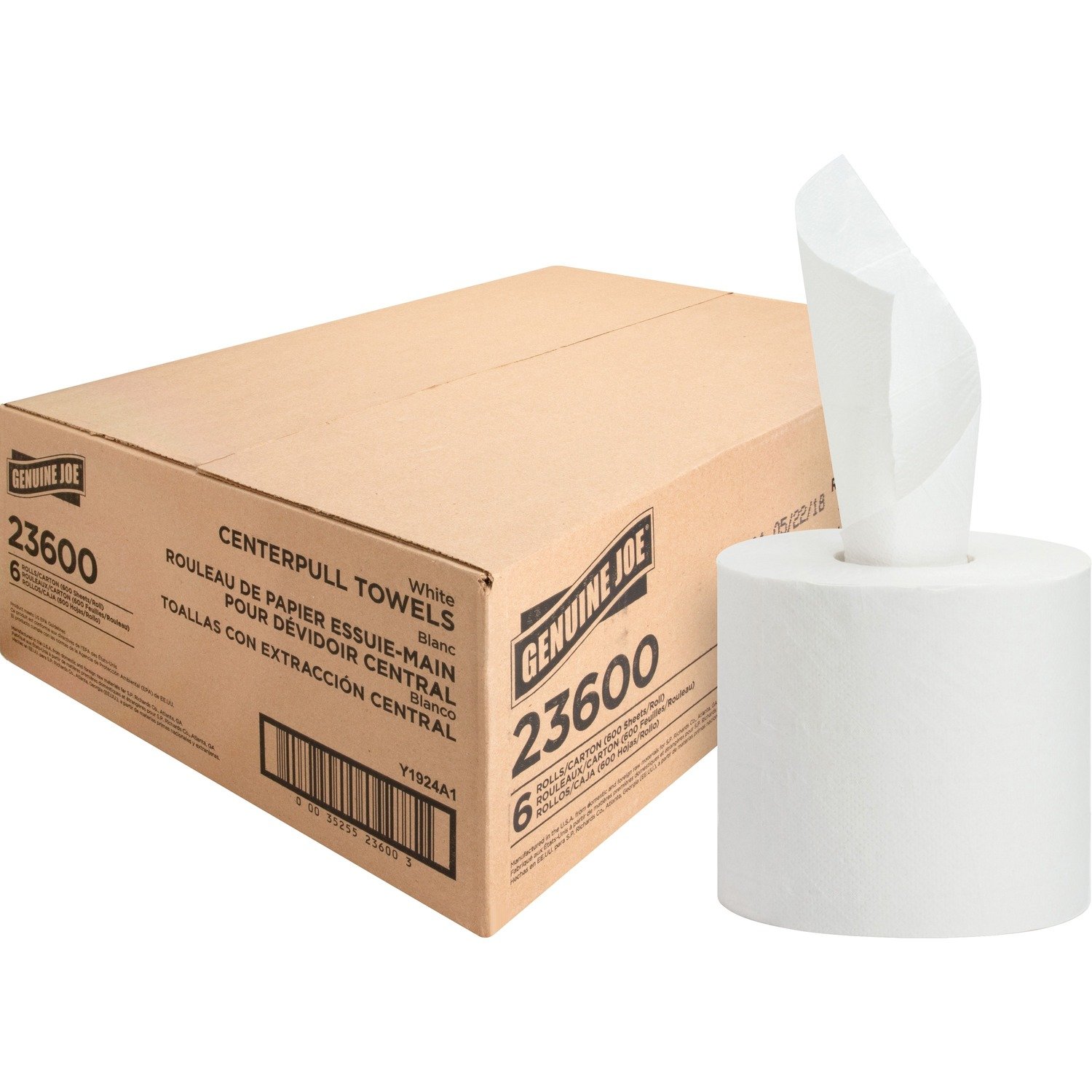 1026772770.jpg Genuine Joe® Center-Pull 2-Ply Paper Hand Towels, 6 Rolls 2 Ply - 8.13" Width x 7.56" Length - 600 Sheets/Roll - 3 1/16" Core - White - Fiber - 6 / Carton (GJO23600) - Image 1