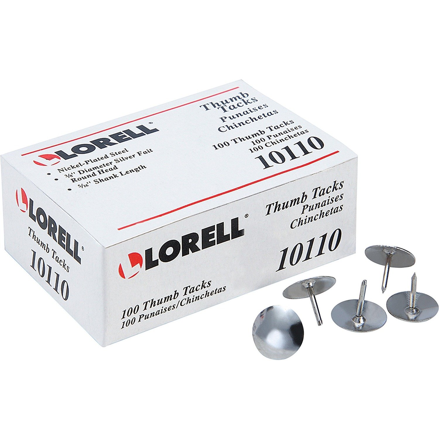 1028975135.jpg Lorell 5/16" Long Thumb Tacks 0.31" Shank - 0.38" Head - for Schedule, Wall - Silver - Nickel Plated Steel - 100 / Pack (LLR10110) - Image 1