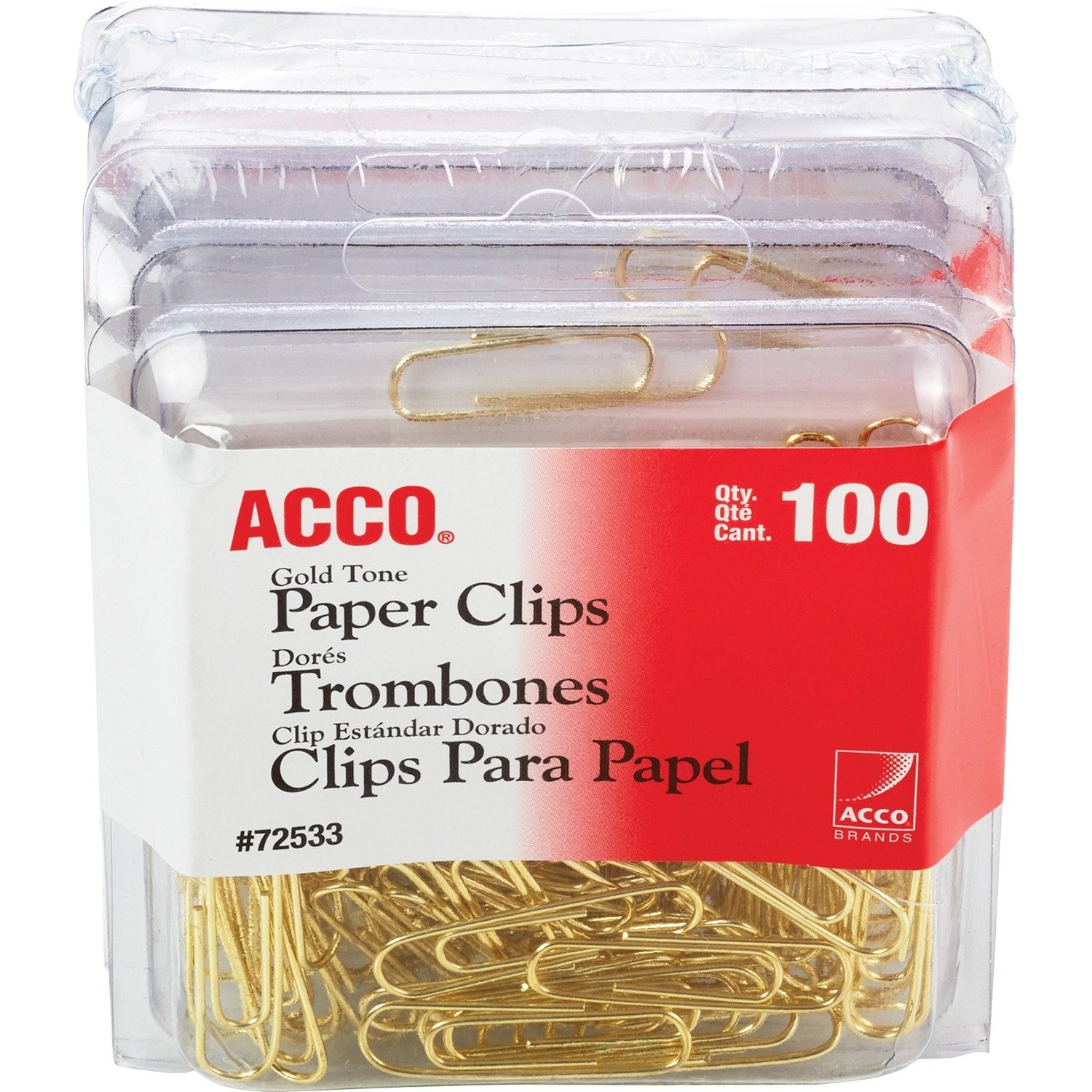 1033902522.jpg ACCO Gold Tone Paper Clips No. 2 - 1.4" Length x 0.5" Width - 10 Sheet Capacity - for Office, Home, School, Document, Paper - Sturdy, Flex Resistant, Bend Resistant - Gold - 100/Box - 4 / Pack (72554) - Image 1