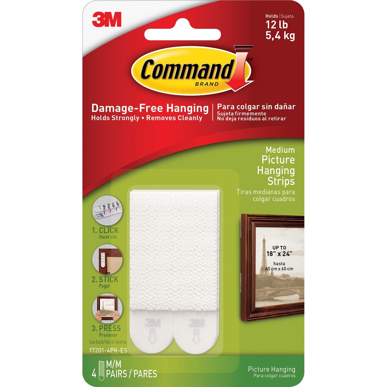 1034879211.jpg Command Medium Picture Hanging Strips 2.75" Length x 0.63" Width x 100 mil Thickness - White - Foam - 2/Set - 4 / Pack (172014PKES) - Image 1