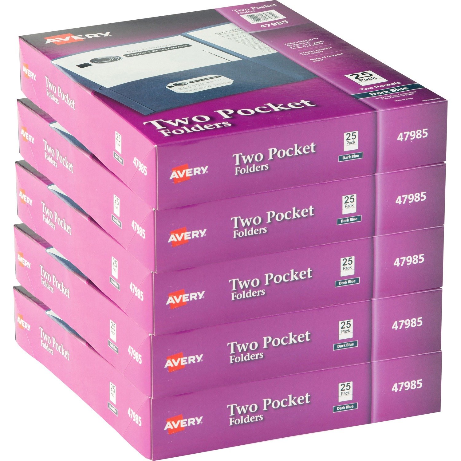 1040622793.jpg Avery® Letter Pocket Folder 8 1/2" x 11" - 40 Sheets Capacity - 2 Internal Pocket(s) - Embossed Paper - Dark Blue - Embossed - 25/Box - 5 / Carton (47985CT) - Image 1