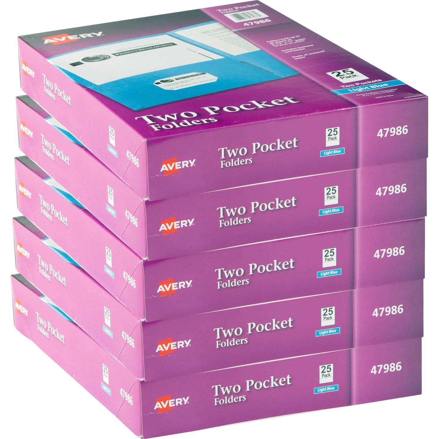 1040622794.jpg Avery® Letter Pocket Folder 8 1/2" x 11" - 40 Sheets Capacity - 2 Internal Pocket(s) - Light Blue - Embossed - 25/Box - 5 / Carton (47986CT) - Image 1