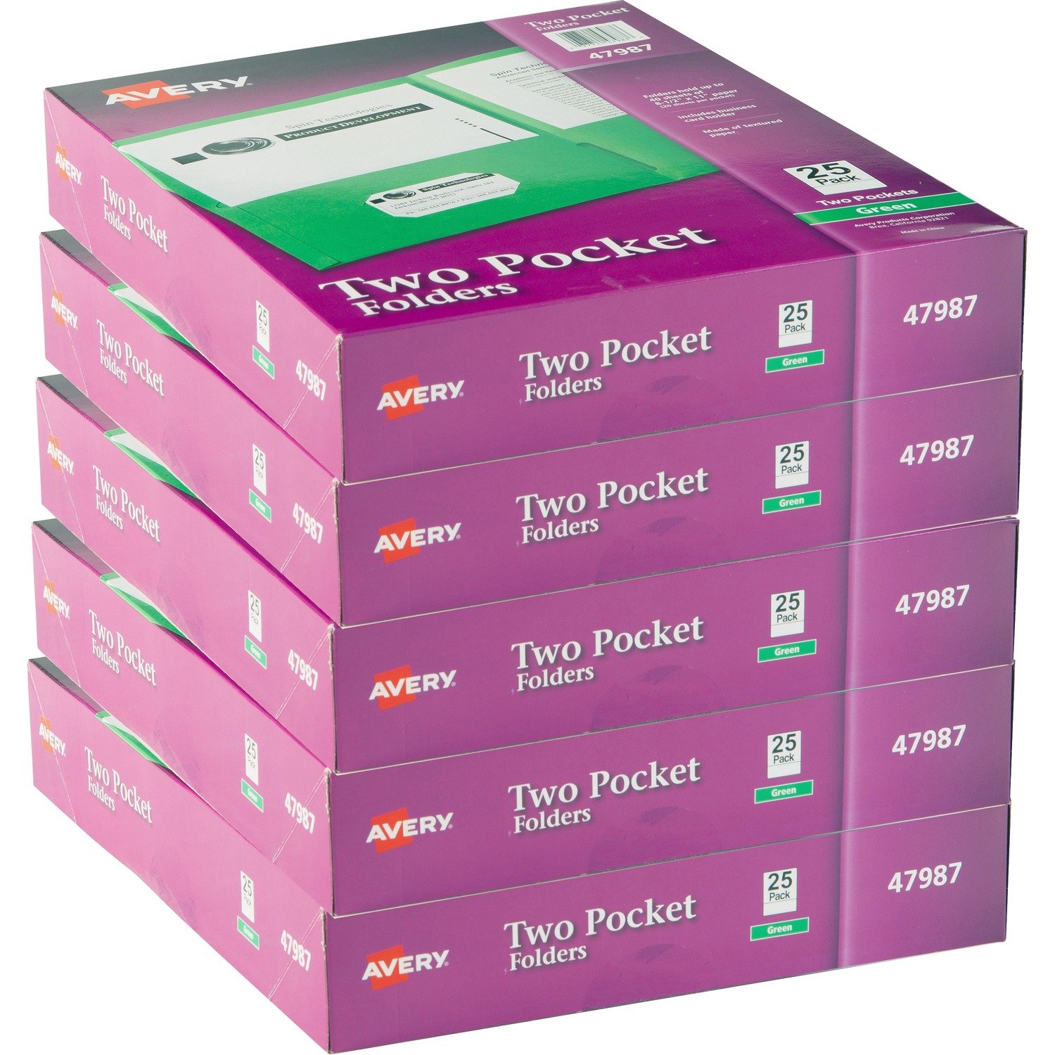 1040622795.jpg Avery® Letter Pocket Folder 8 1/2" x 11" - 40 Sheets Capacity - 2 Internal Pocket(s) - Embossed Paper - Green - Embossed - 25/Box - 5 / Carton (47987CT) - Image 1