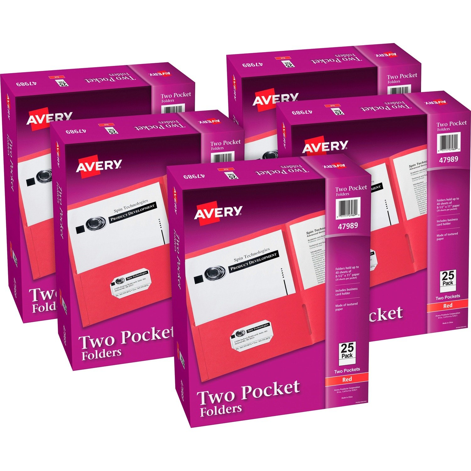 1040622797.jpg Avery® Letter Pocket Folder 8 1/2" x 11" - 40 Sheets Capacity - 2 Internal Pocket(s) - Embossed Paper - Red - Embossed - 25/Box - 5 / Carton (47989CT) - Image 1
