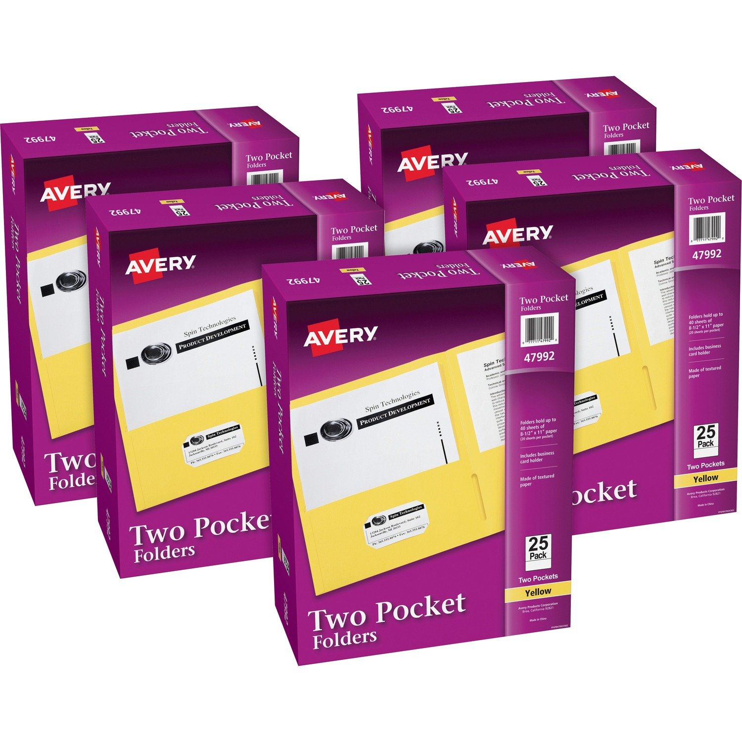 1040622800.jpg Avery® Letter Pocket Folder 8 1/2" x 11" - 40 Sheets Capacity - 2 Internal Pocket(s) - Embossed Paper - Yellow - Embossed - 25/Box - 5 / Carton (47992CT) - Image 1