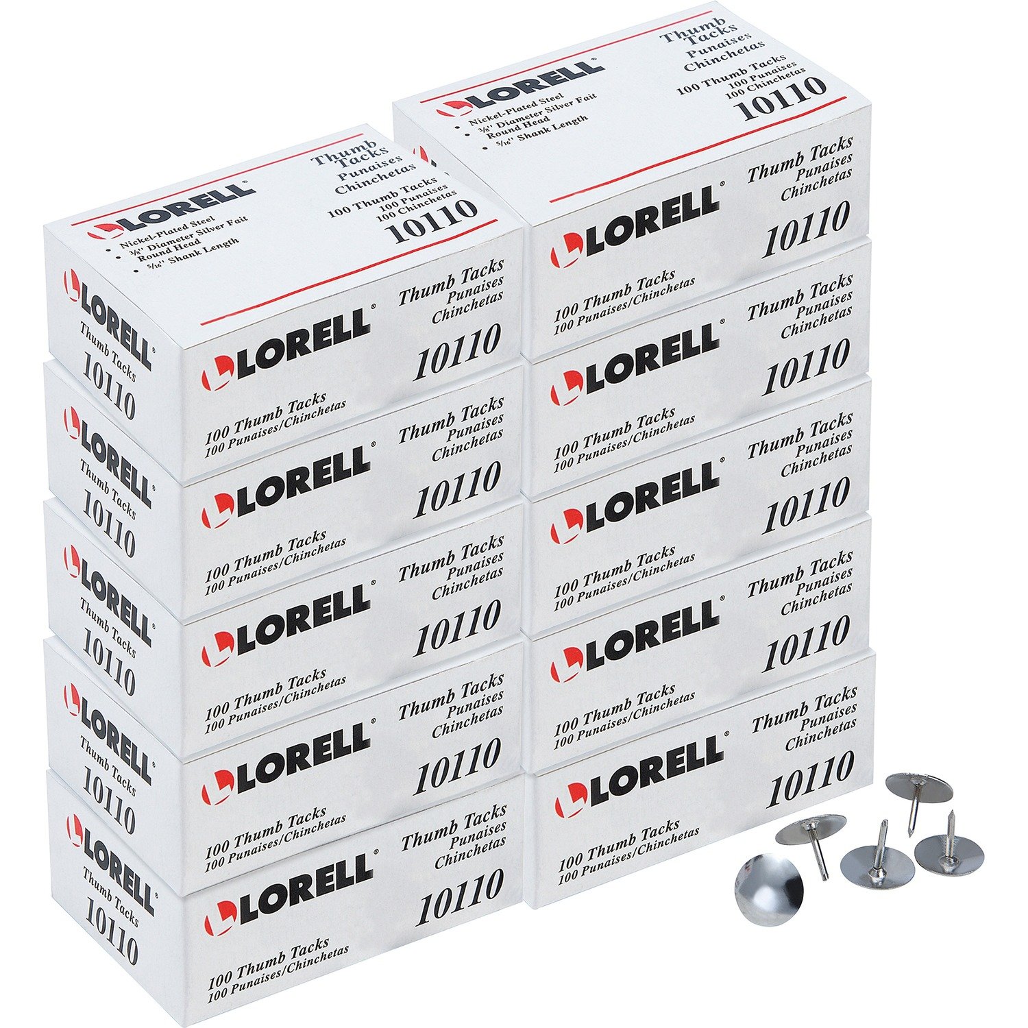 1040622810.jpg Lorell 5/16" Long Thumb Tacks 0.31" Shank - 0.38" Head - for Schedule, Wall - Silver - Nickel Plated Steel - 100/Pack - 10 / Box (LLR10110BX) - Image 1