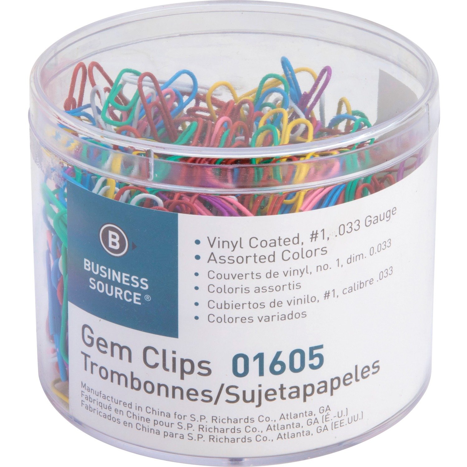 1048829892.jpg Business Source Vinyl-coated Gem Clips Small - No. 1 - 1.8" Length x 0.5" Width - for Paper - Rust Resistant - Assorted - 500 / Box (BSN01605) - Image 1