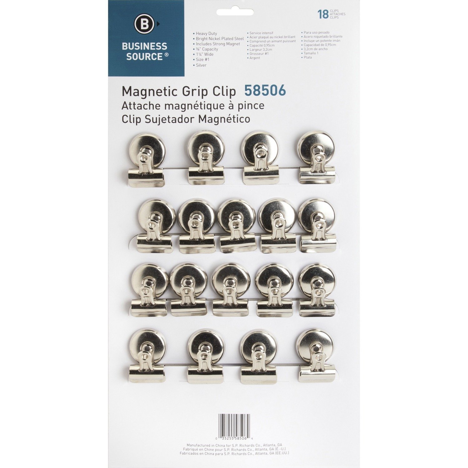 1048829994.jpg Business Source Magnetic Grip Clips Pack No. 1 - 1.3" Width - for Paper - Magnetic, Heavy Duty - Silver - 18 / Box (BSN58506) - Image 1