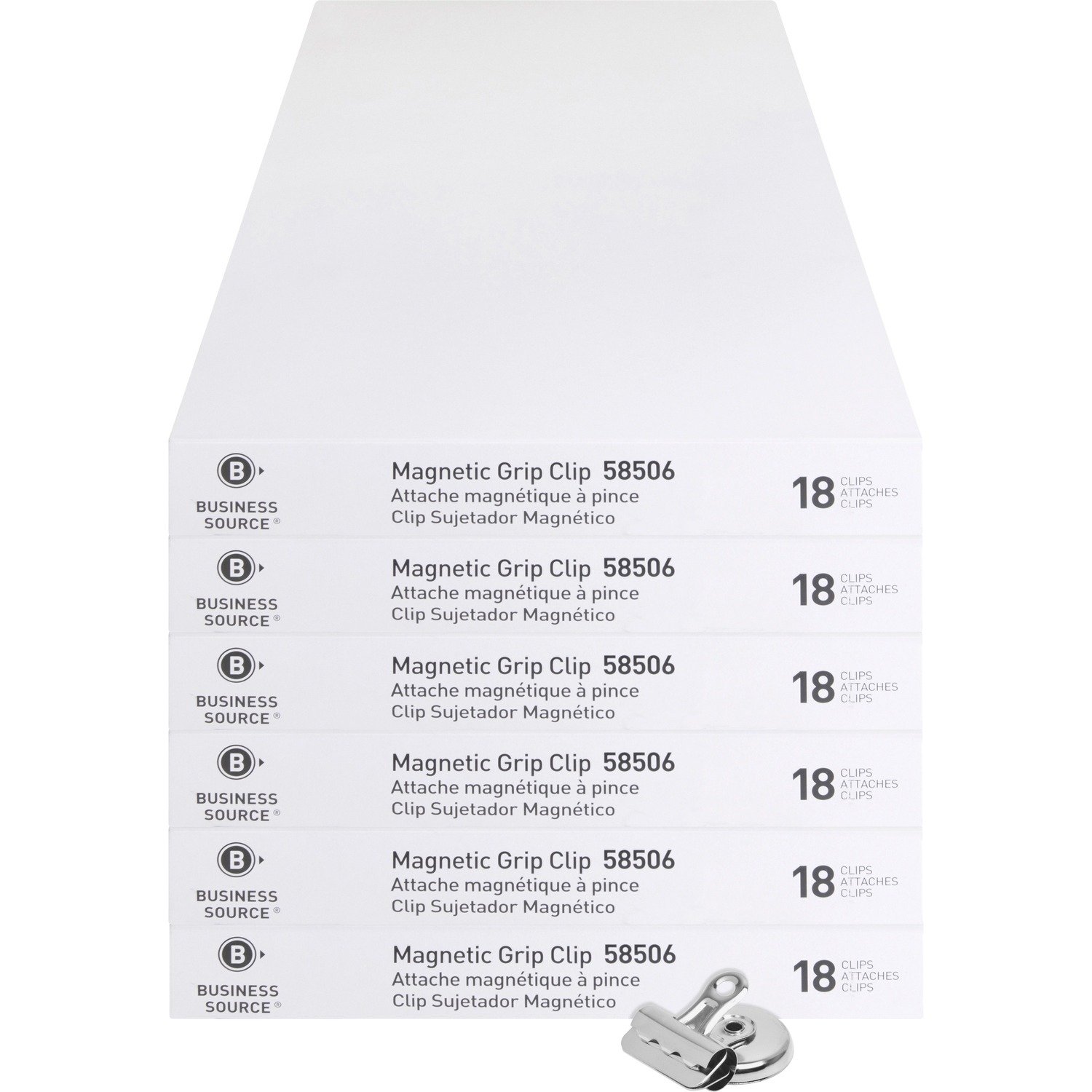 1048829995.jpg Business Source Magnetic Grip Clips Pack No. 1 - 1.3" Width - for Paper - Magnetic, Heavy Duty - Silver - 18/Box - 6 / Bundle (BSN58506BD) - Image 1