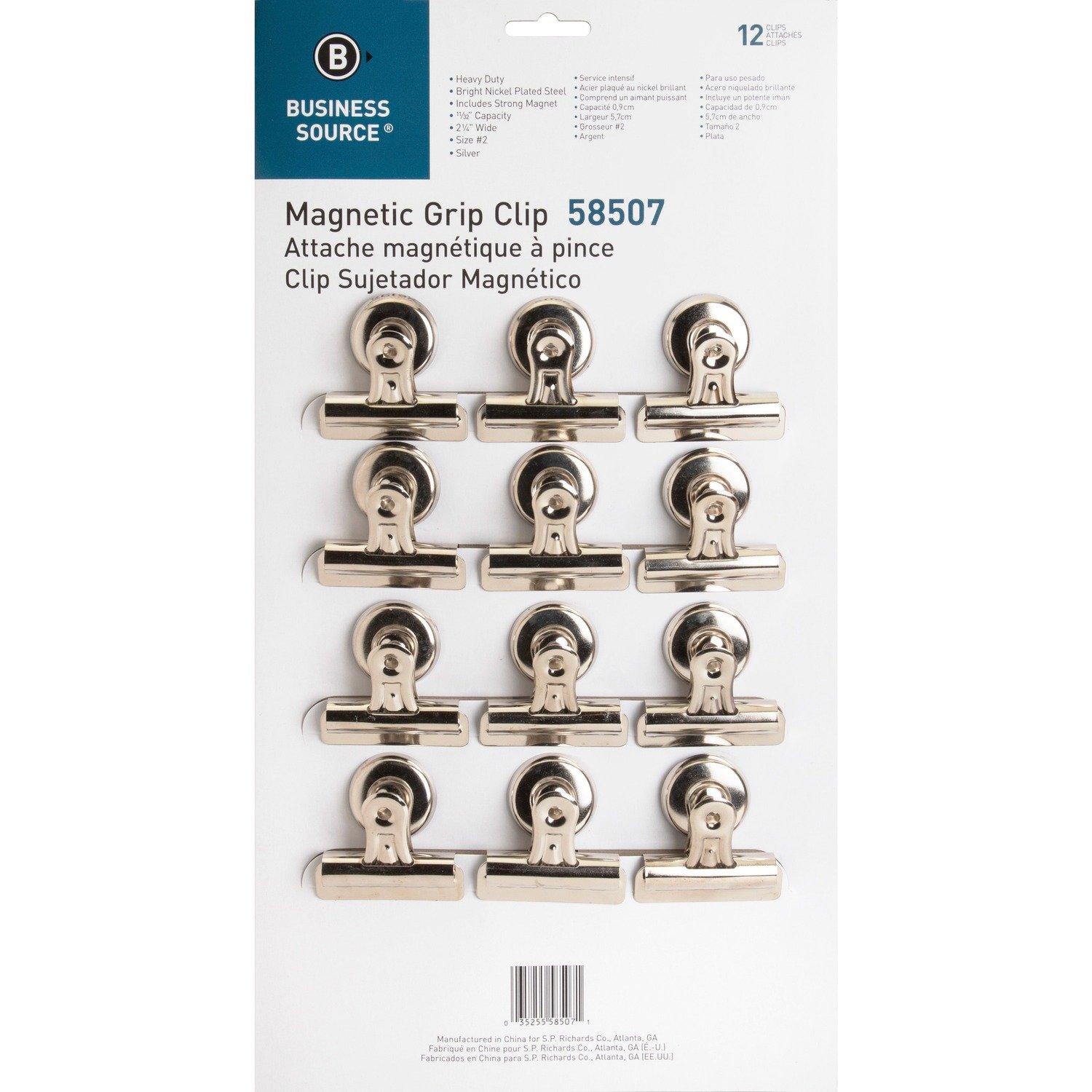 1048829996.jpg Business Source Magnetic Grip Clips Pack No. 2 - 2.3" Width - for Paper - Magnetic, Heavy Duty - Silver - 12 / Box (BSN58507) - Image 1