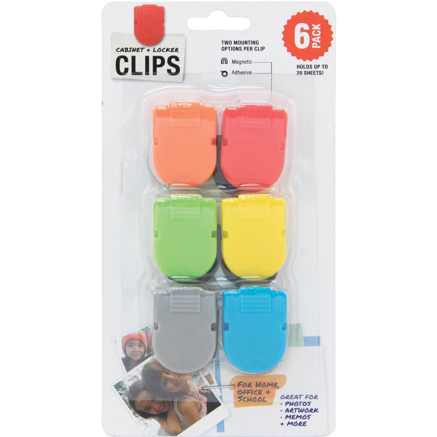 1060479109.jpg Advantus Magnetic Cabinet/Locker Clip 1" Length x 0.5" Width - 40 Sheet Capacity - for Notes, Photo, Memo, Message - Magnetic, Self-adhesive - Assorted - Ceramic Magnet - 6 / Pack (97526) - Image 1