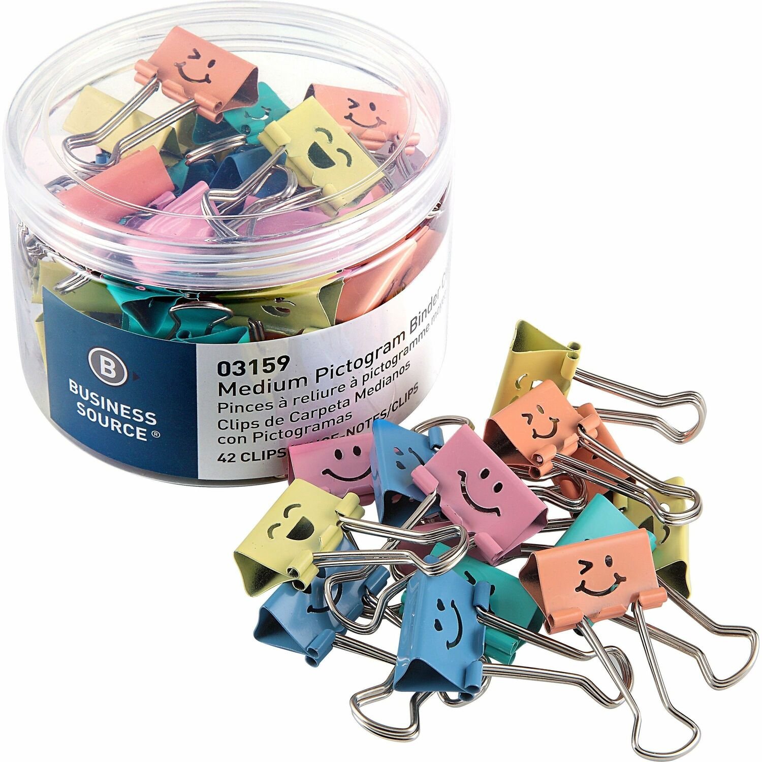 1064679898.jpg Business Source Smiling Face Binder Clips Medium - for Paper, Office, Classroom - Sturdy - Assorted - 42 / Tube (BSN03159) - Image 1