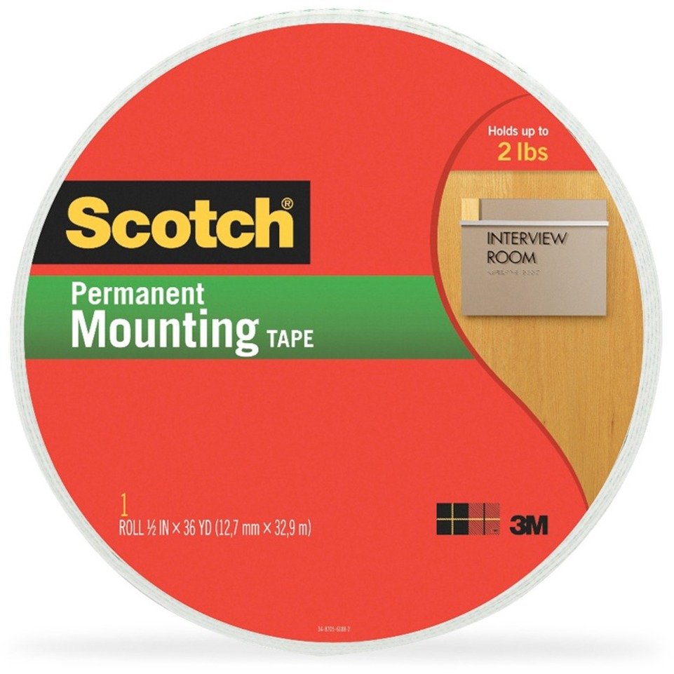 11965196.jpg Scotch Double-Coated Foam Mounting Tape 36 yd Length x 0.50" Width x 62.5 mil Thickness - 1" Core - White - Polyurethane - Long Lasting, Temperature Resistant - For Mounting - 1 Roll (401612) - Image 1