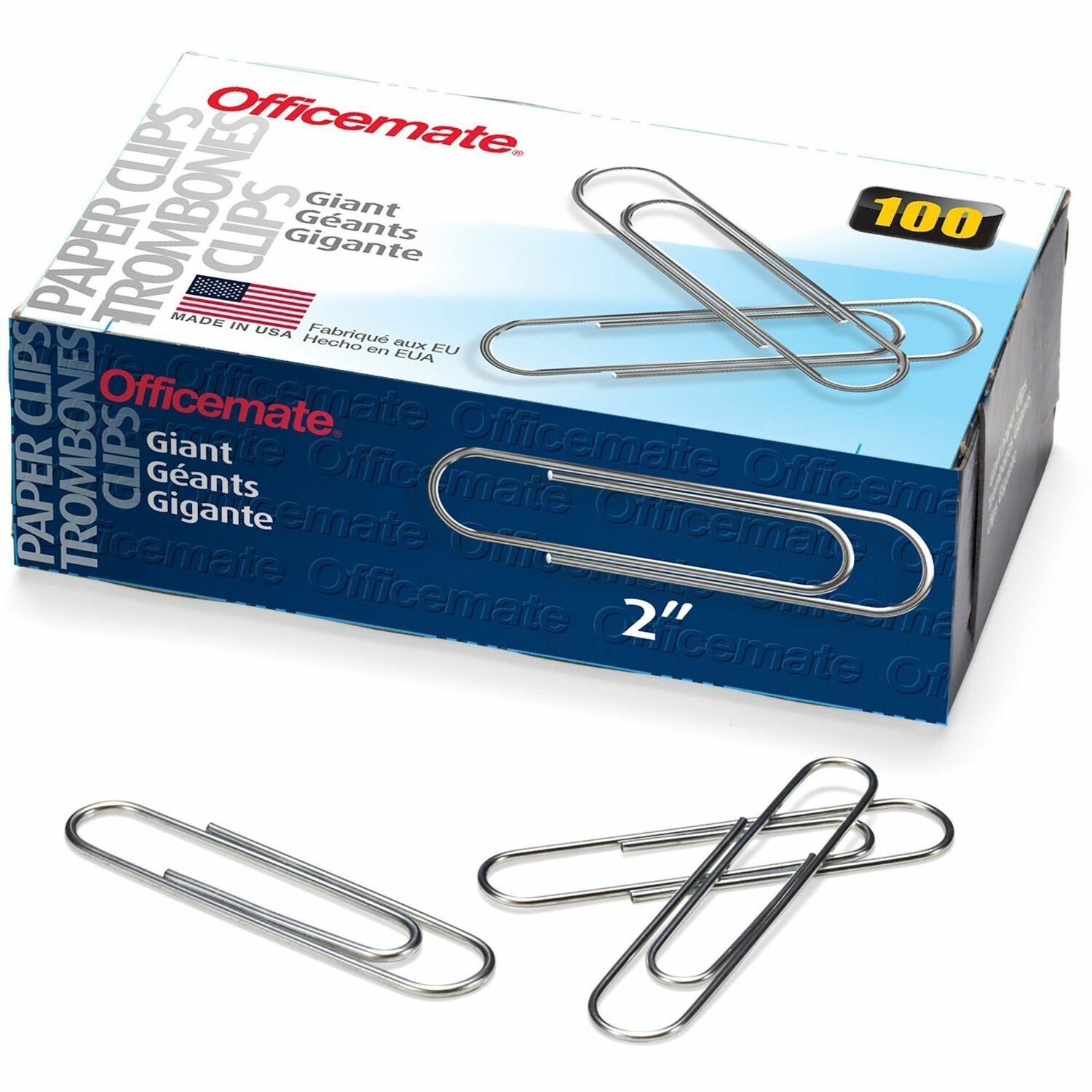 11966005.jpg Officemate Giant Gem Paper Clips Jumbo - 2" Length x 0.5" Width - Silver - Steel - 100/Box - 10 / Pack (99914) - Image 1