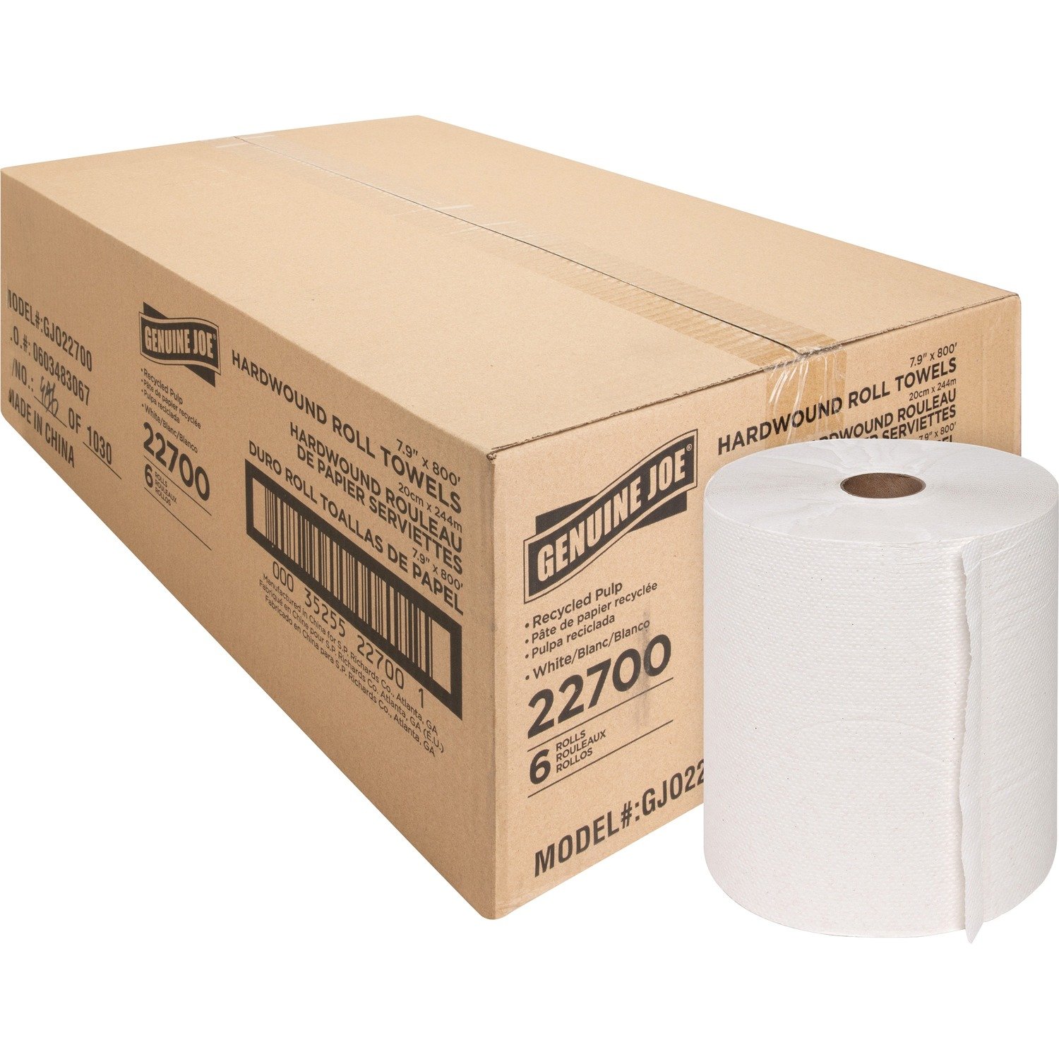 11970431.jpg Genuine Joe Hardwound Roll Paper Towels 7.90" Width x 800 ft Length - 2" Core - White - 6 / Carton (GJO22700) - Image 1