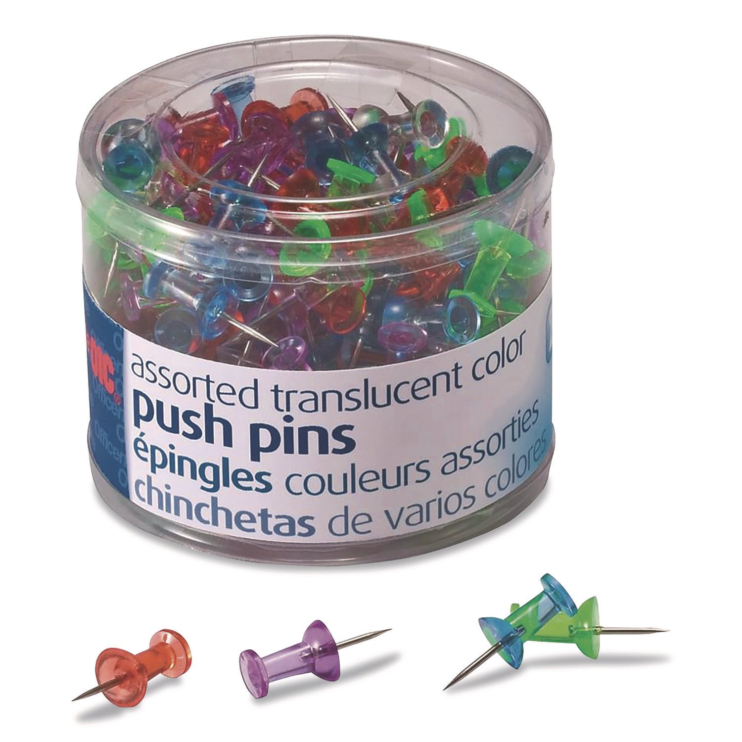 15058116.jpg Officemate Push Pins, Assorted Plastic Head, 0.5" Pin, 200/Pack (614312) - Image 1