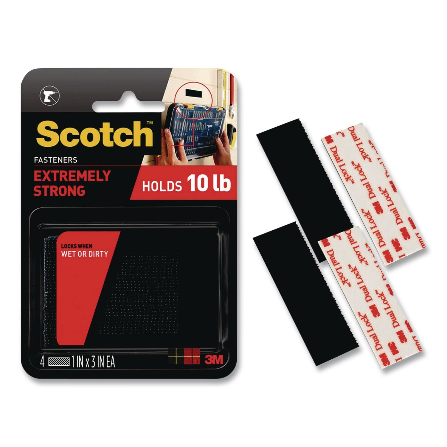 15136333.jpg Scotch Extreme Fasteners, 1" x 3", Black, 2 Sets of Strips/Pack (RF6731) - Image 1