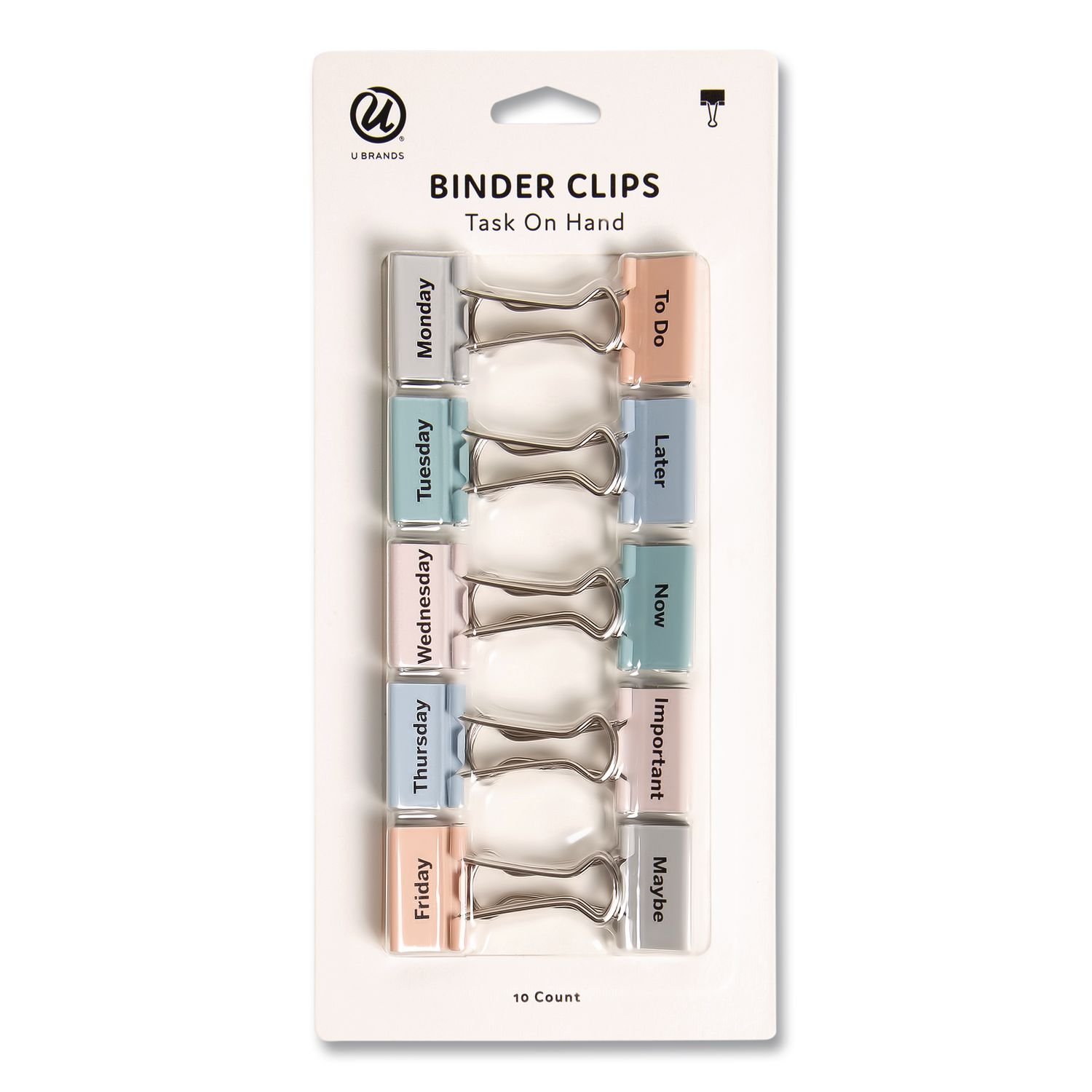 15168489.jpg U Brands Task On Hand Medium Binder Clips, Assorted Labels/Colors, 10/Pack (5062U0832) - Image 1
