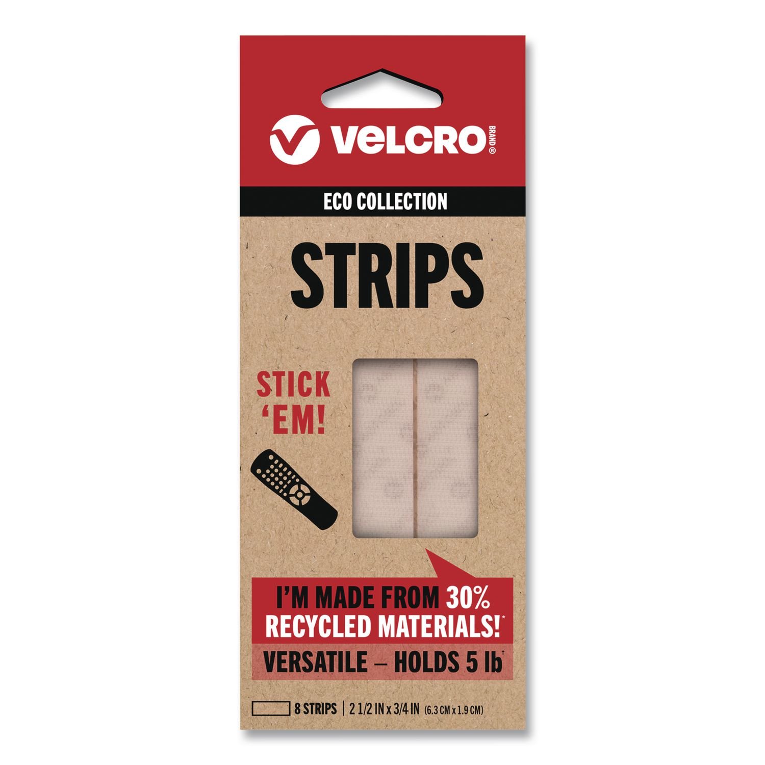 15168513.jpg Velcro ECO Collection Hook-and-Loop Strips, 2.5" x 0.75", White, 8/Pack (VEL30191USA) - Image 1