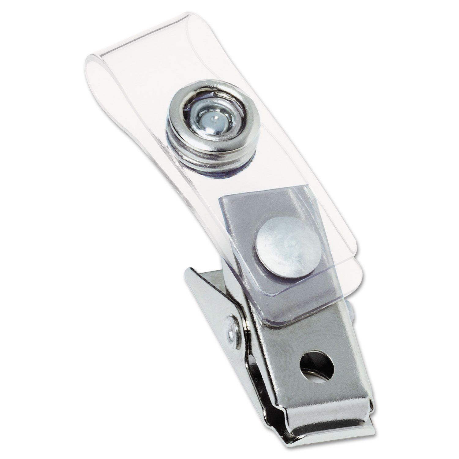 189208.jpg Swingline GBC Badge Clips with Plastic Straps, 0.5" x 1.5", Clear/Silver, 100/Box (1122897) - Image 1