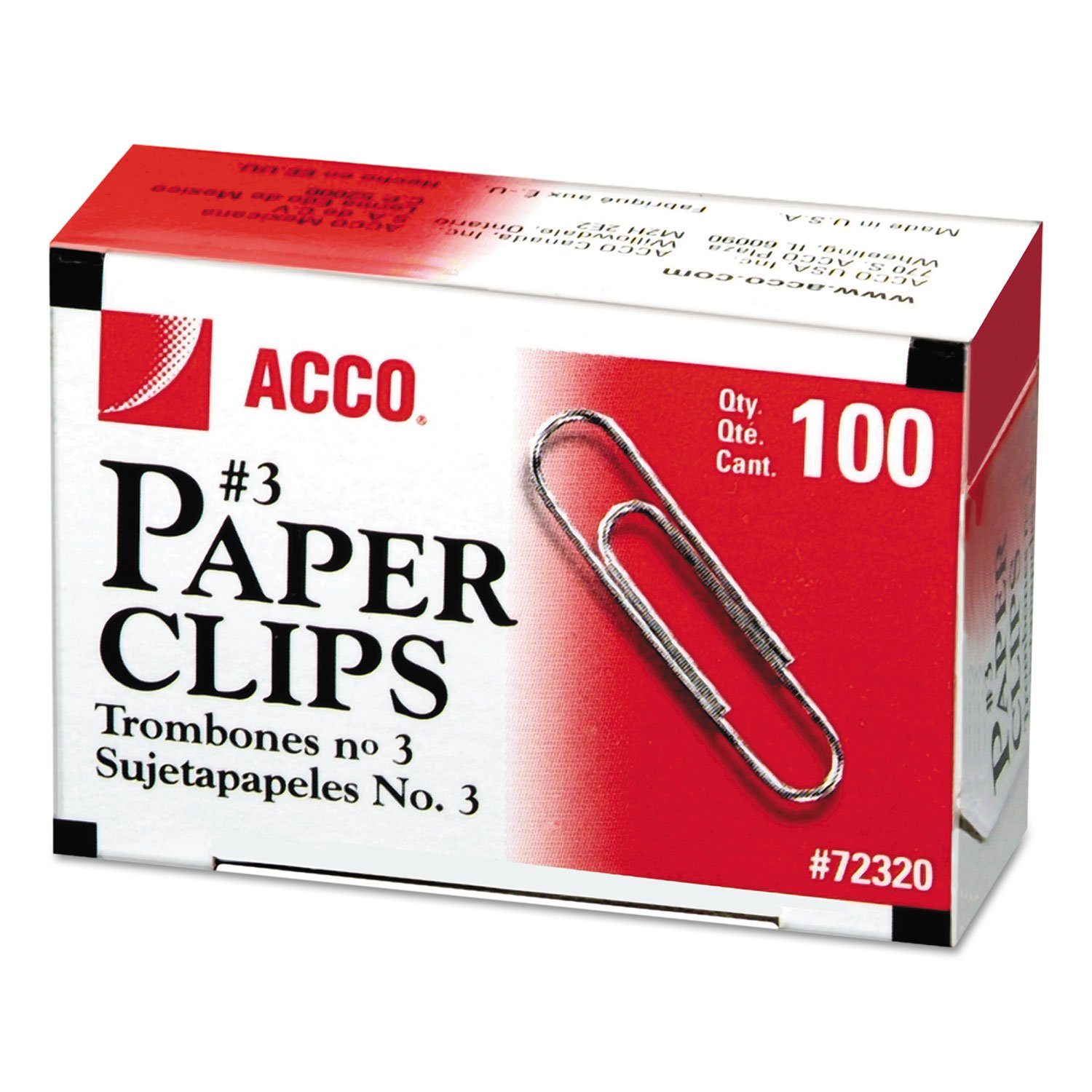 237658.jpg Acco® Smooth Economy Paper Clip, Steel Wire, No. 3, Silver, 10 Boxes (72320) - Image 1