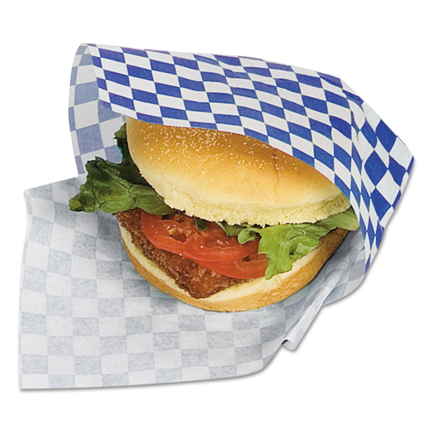 248113.jpg Bagcraft Grease-Resistant Paper Wraps and Liners, 12 x 12, Blue Check, 1,000/Box, 5 Boxes/Carton (057850) - Image 1