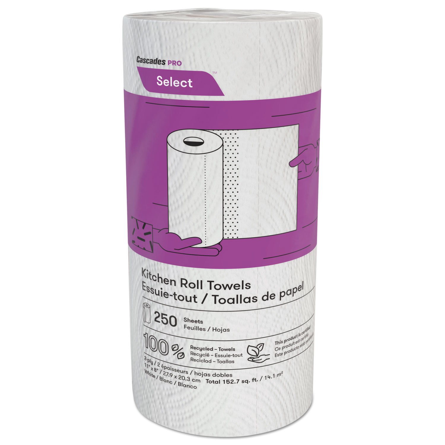 283261.jpg Cascades Select Kitchen Roll Towels, 2-Ply, 8 x 11, 250/Roll, 12/Carton (K250) - Image 1