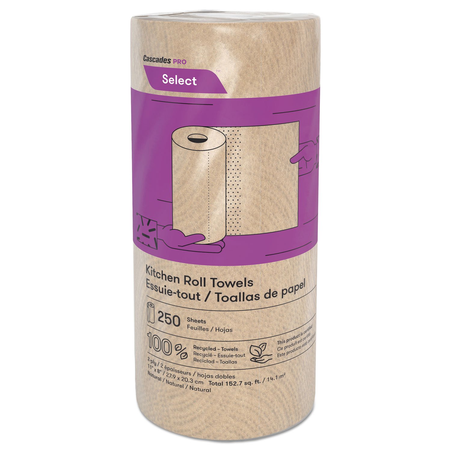 306580.jpg Cascades Select Kitchen Roll Towels, 2-Ply, 11" x 166.6 ft, Natural, 250/Roll, 12/Carton (K251) - Image 1