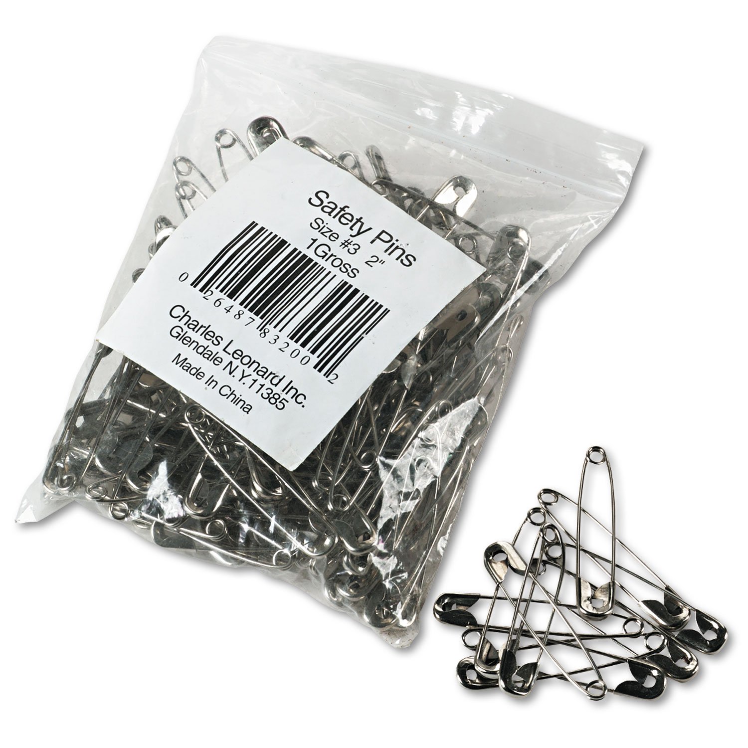 60053.jpg Charles Leonard Safety Pins, Nickel-Plated, Steel, 2" Length, 144/Pack (83200) - Image 1