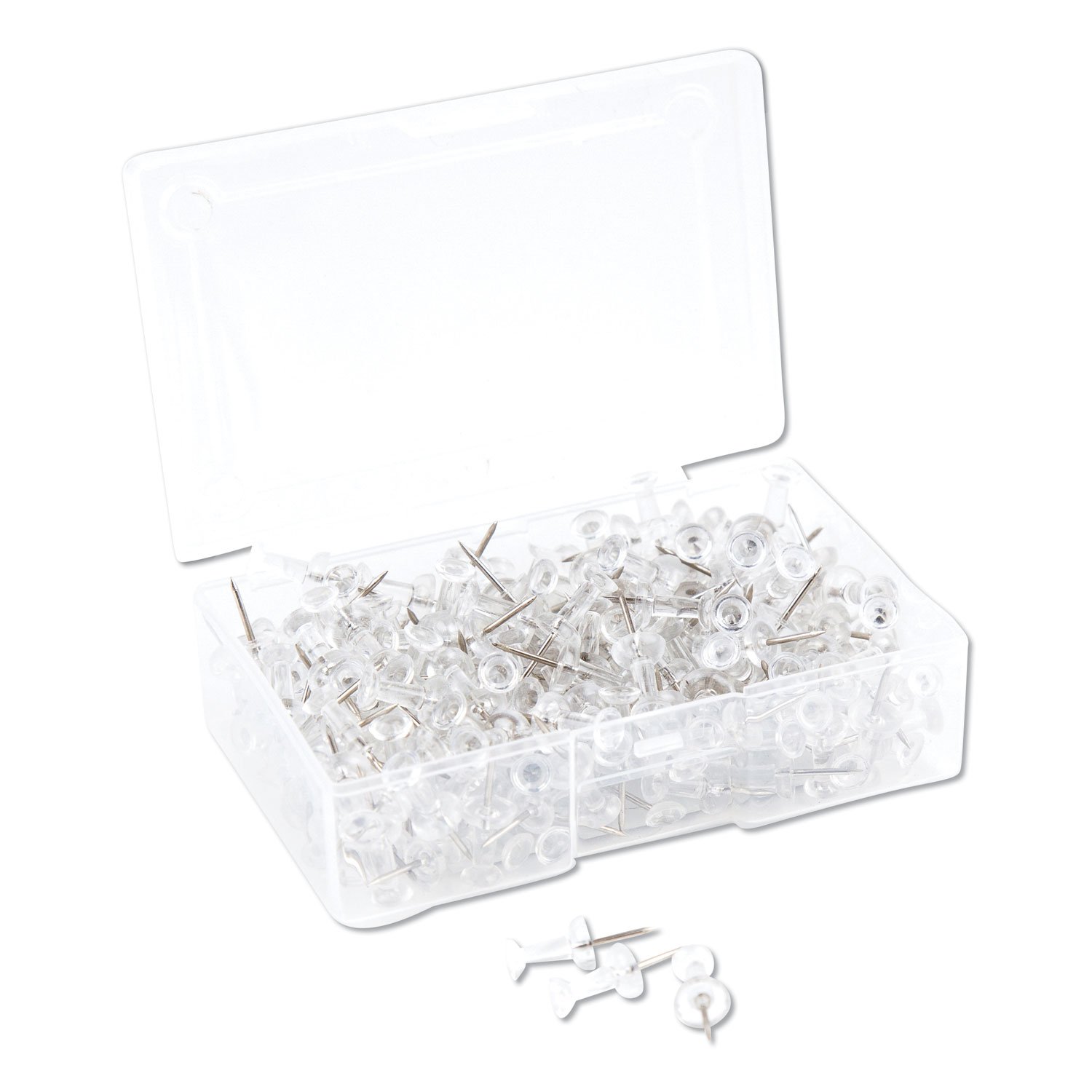 625541.jpg U Brands Standard Push Pins, Plastic, Clear, Clear Head/Silver Pin, 0.44", 200/Pack (3088U0624) - Image 1