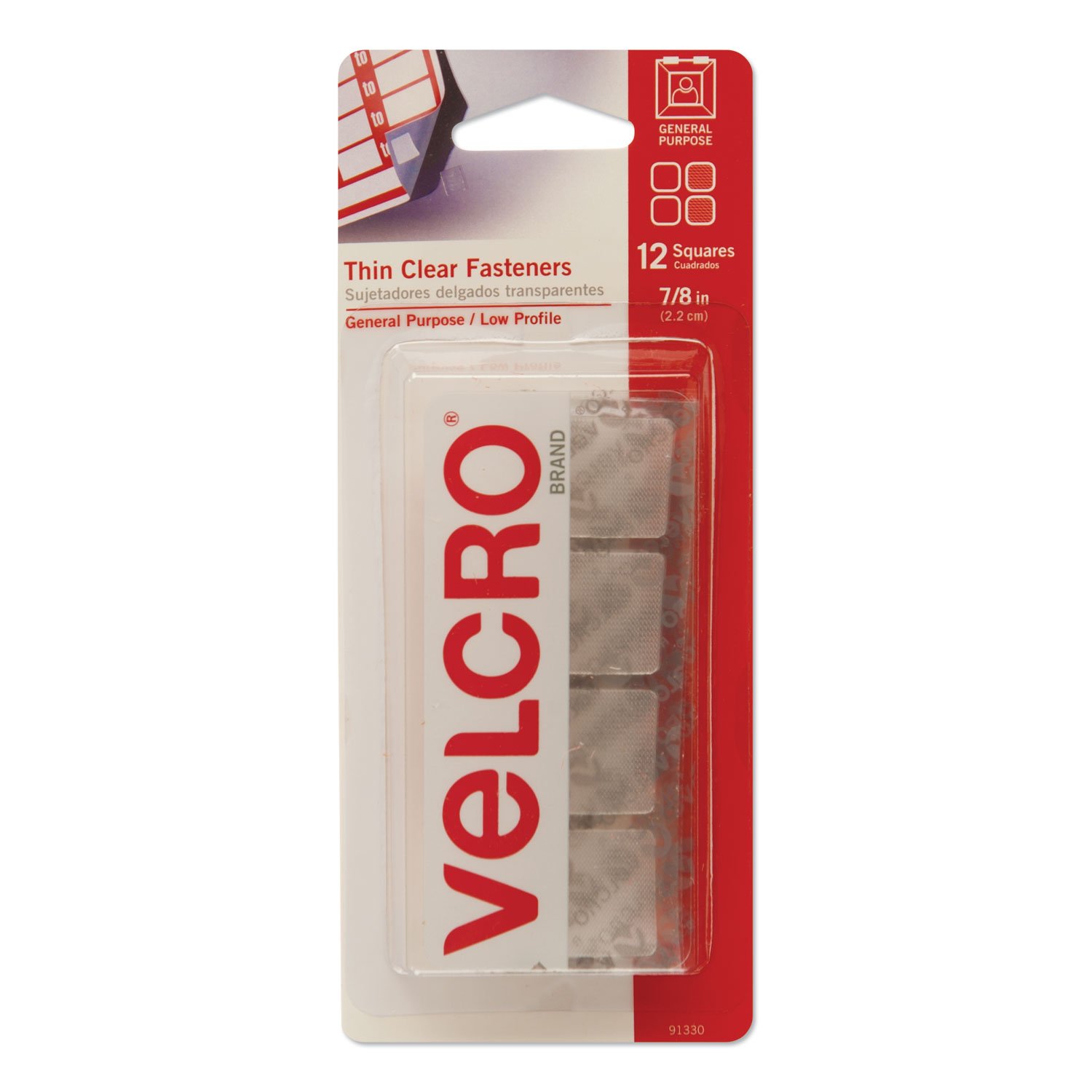 638040.jpg Velcro Sticky-Back Fasteners, Removable Adhesive, 0.88" x 0.88", Clear, 12/Pack (91330) - Image 1