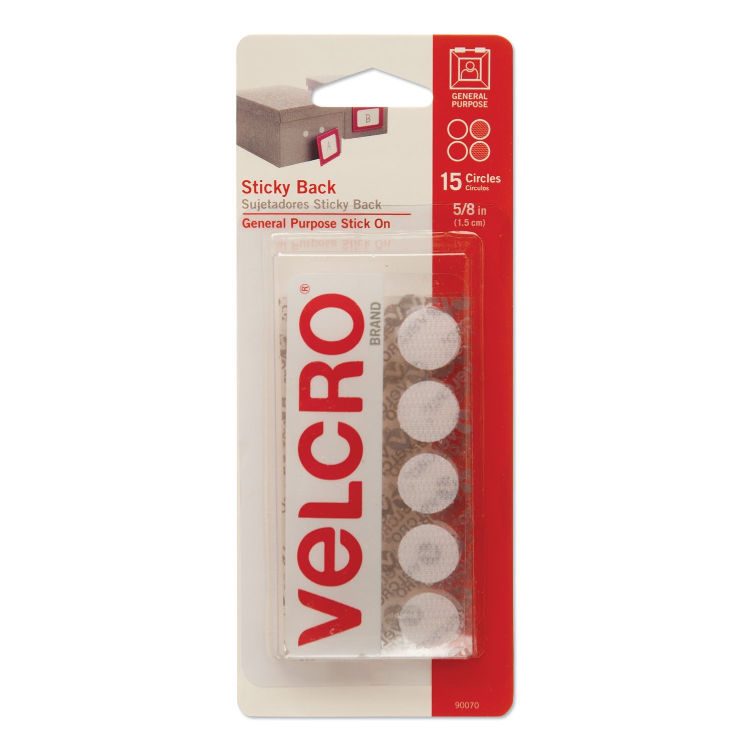 638047.jpg Velcro Sticky-Back Fasteners, Removable Adhesive, 0.63" dia, White, 15/Pack (90070) - Image 1