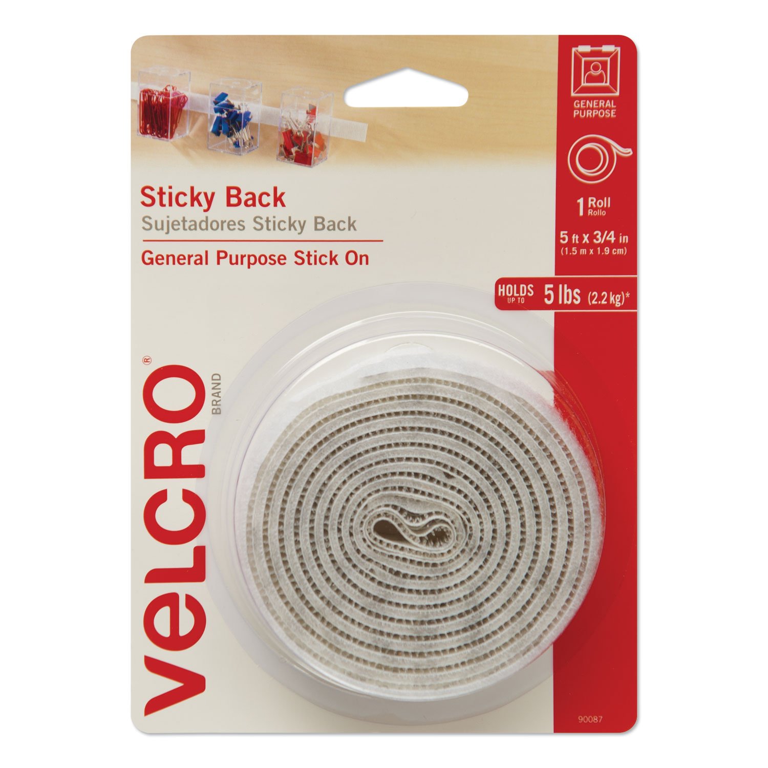 638067.jpg Velcro Sticky-Back Fasteners with Dispenser, Removable Adhesive, 0.75" x 5 ft, White (90087) - Image 1
