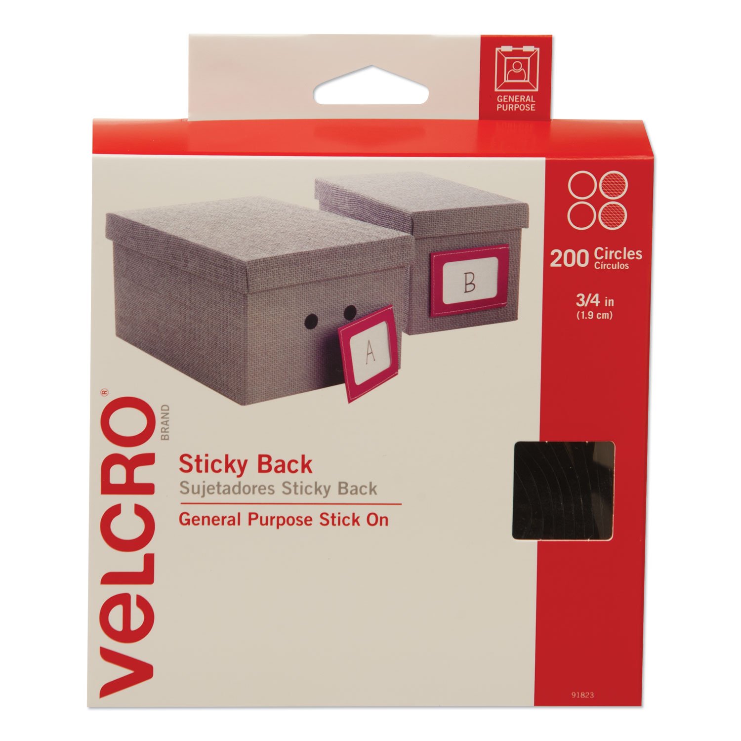 638068.jpg Velcro Sticky-Back Fasteners, Removable Adhesive, 0.75" dia, Black, 200/Box (91823) - Image 1
