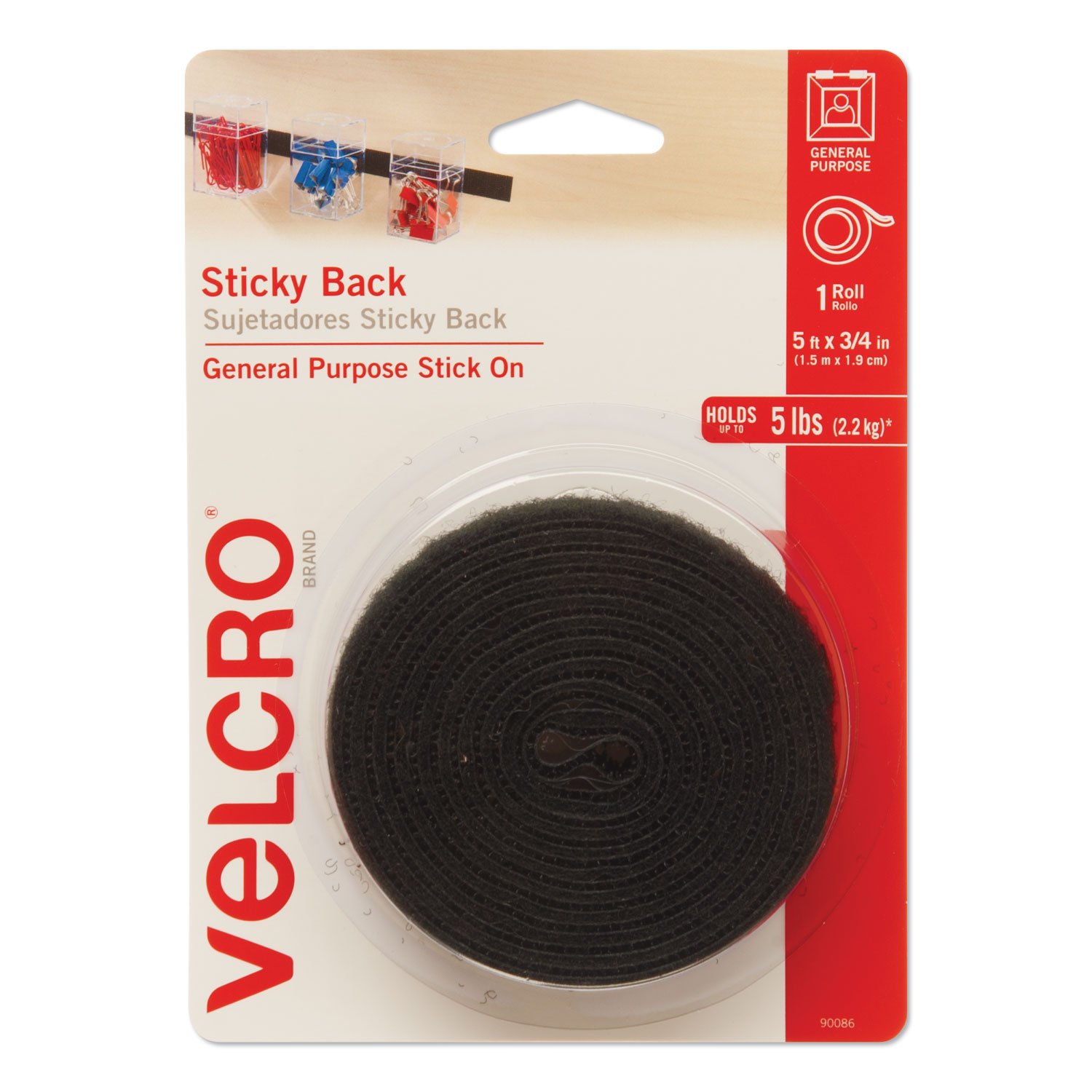 638070.jpg Velcro Sticky-Back Fasteners with Dispenser, Removable Adhesive, 0.75" x 5 ft, Black (90086) - Image 1