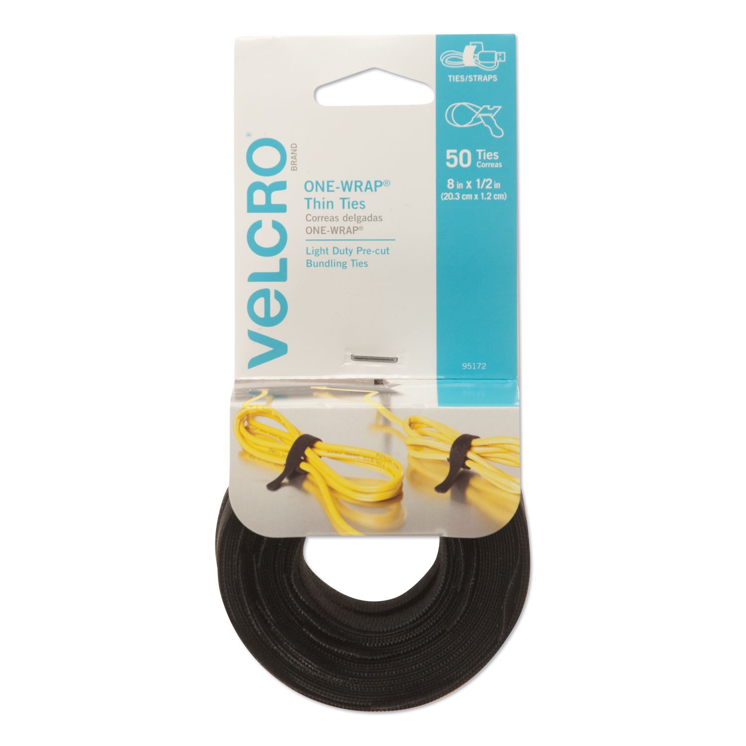 638100.jpg Velcro ONE-WRAP Pre-Cut Thin Ties, 0.5" x 8", Black, 50/Pack (95172) - Image 1
