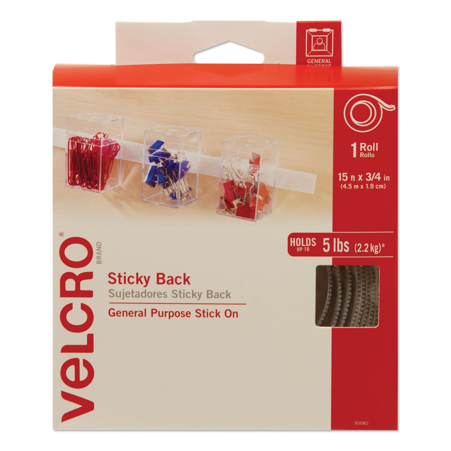 638101.jpg Velcro Sticky-Back Fasteners with Dispenser, Removable Adhesive, 0.75" x 15 ft, White (90082) - Image 1