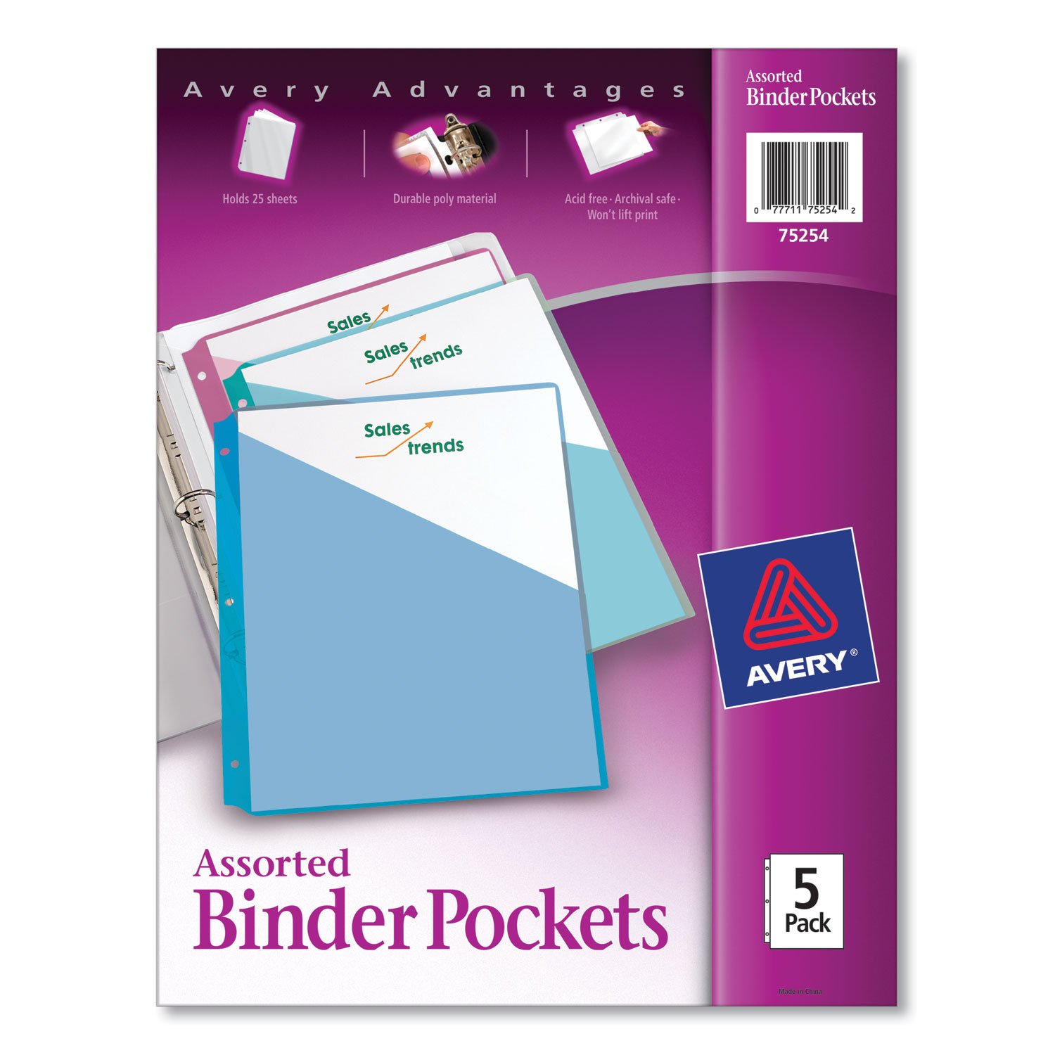 725297.jpg Avery Binder Pockets, 3-Hole Punched, 9.25 x 11, Assorted Colors, 5/Pack (75254) - Image 1