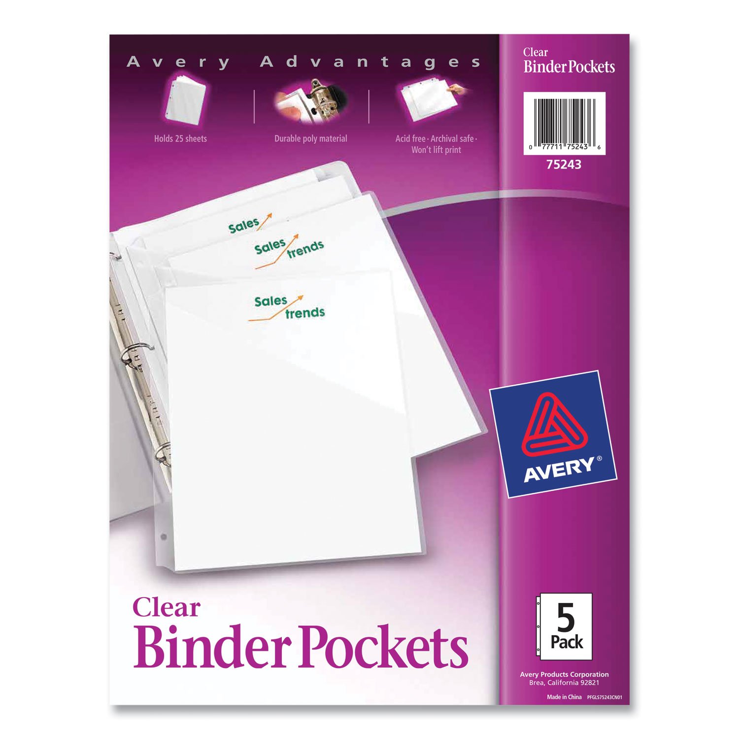 725378.jpg Avery Binder Pockets, 3-Hole Punched, 9.25 x 11, Clear, 5/Pack (75243) - Image 1